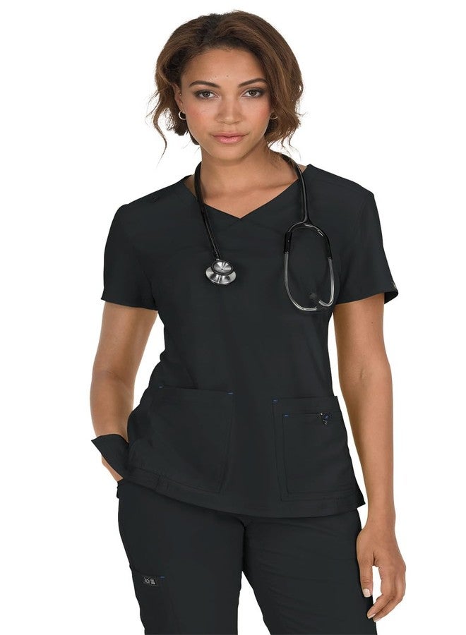 KOI Basics Katie Women's 4-Pocket Mock-Wrap Scrub Top Black Small - Image 1